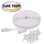 Cat 6 Flat Ethernet Cable 100 ft White with Cable Clips – Slim Long Network Cable – Jadaol Fast Ethernet Patch Cable – With Snagless Rj45 Connectors – 100 feet White (30 Meters)