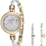 Anne Klein Women’s AK/2766HLTE Gold-Tone and White Leather Watch and Bracelet Set