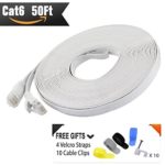 Cat 6 Ethernet Cable 50 ft (At a Cat5e Price but Higher Bandwidth) Flat Internet Network Cable – Cat6 Ethernet Patch Cable Short – White Computer Lan Cable + Free Cable Clips and Straps