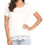 Kancystore Womens Short Sleeve Loose Tops Solid Basic Patchwork Lace Trim Casual T Shirts