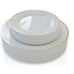 “OCCASIONS” 50 Pack, Premium Disposable Plastic plates,( 25 Dinner + 25 Salad plates) White/ Gold Rim