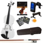 Mendini Full Size 4/4 MV-White Solid Wood Violin with Tuner, Lesson Book, Shoulder Rest, Extra Strings, Bow and Case