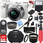 Sony Alpha a6000 24.3MP Wi-Fi Mirrorless Digital Camera + 16-50mm Lens Kit (White) + 64GB Accessory Bundle + Photo Bag + Extra Battery+Wide Angle Lens+2x Telephoto Lens+Flash+Remote+Tripod