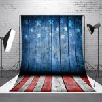 FLORATA 5x7ft Vinyl Blue Wood Wall Red and White Stripes Floor Patriotic Banner Photo Studio Background Photography Backdrops for America Independence Day Celebration