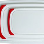 CC Boards 3-Piece Nonslip Cutting Board Set: Red and white plastic kitchen carving boards, each with juice groove and nonskid handle; dishwasher safe
