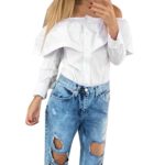 Blouse,Han Shi Women Sexy Off Shoulder Slash Neck Plaid Tops Long Sleeve Casual T-Shirt (XXL, White)
