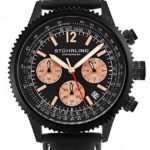 Stuhrling Original Mens Black Stainless Steel Pilots Chronograph Watch, Quick-Set Date, Black Leather Strap with Contrast White Stitching, 669 Series