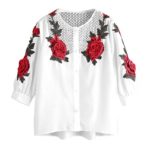 Button Blouse,Han Shi Women Autumn Long Sleeve Embroidered T-Shirt Casual Floral Tops (XL, White)