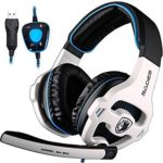 PC Gaming Headset, Sades SA903 Stereo 7.1 Surround Sound USB Wired Computer Headphones with Microphone,Volume Control Over Ear LED Lighting Noise Canceling for Gamers,White/Blue