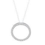 14K White Gold Round Cut White Diamond Ladies Circle Pendant (Silver Chain Included)