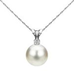 White Saltwater Cultured Japanese Akoya Pearl Diamond Pendant Necklace 14K Gold 1/100 CTTW 7-7.5mm