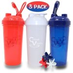 Protein Shaker Bottle Set 3 Pack, 25oz Bottles, Red/White/Blue and Blender Mixer Ball, Leak Proof BPA Free Dishwasher Safe Sports and Travel Water Container Fits Most Cup Holders