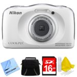 Nikon COOLPIX S33 13.2MP Waterproof Shockproof Freezeproof Digital Camera White Bundle – Includes Camera, Compact Deluxe Gadget Bag, 16GB Secure Digital SD Memory Card, Cleaning Kit and Cleaning Cloth