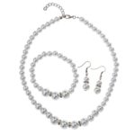 Femtindo Faux Pearl Crystal Choker Necklace Earring Bracelet Jewelry Set (White)