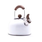 Stainless steel whistling stove top tea kettle, wooden bakelite handle, ceramic white coating, 2.3L