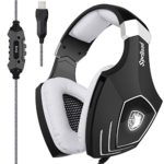 [2017 Newly Updated USB Gaming Headset] SADES A60/OMG Computer Over Ear Stereo Headsets Heaphones With Microphone Noise Isolating Volume Control LED Light (Black+White) For PC And MAC