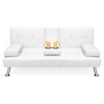 Best Choice Products Modern Faux Leather Convertible Futon Sofa Bed Recliner Couch w/Metal Legs, 2 Cup Holders – White