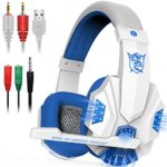 Gaming Headset with Mic and LED Light for Laptop Computer, Cellphone, PS4 and so on, DLAND 3.5mm Wired Noise Isolation Gaming Headphones – Volume Control.(White and Blue)