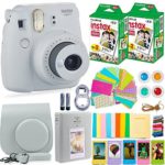 Fujifilm Instax Mini 9 Instant Camera + Fuji Instax Film (40 Sheets) + Accessories Bundle – Carrying Case, Color Filters, Photo Album, Stickers, Selfie Lens + More (Smokey White)