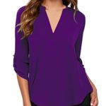 roswear Women’s Casual V Neck Cuffed Sleeves Solid Chiffon Blouse Top