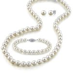 THE PEARL SOURCE 14K Gold Round White Freshwater Cultured Pearl Necklace, Bracelet & Earrings Set in 18″ Princess Length for Women