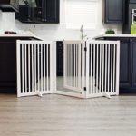 WELLAND Freestanding Wood Pet Gate with Walk Through Door White, 66-Inch Width, 32-Inch Height (Set of Support Feet Included)