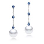 14k White Gold AAAA Quality Japanese Akoya Cultured Pearl Blue Sapphire Dangle Earrings