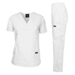 Dagacci Medical Uniform Woman and Man Scrub Set Unisex Medical Scrub Top and Pant, White, L