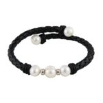 Black Threaded Leather with White Handpicked AAA+ Freshwater Cultured Pearlss and Sterling Silver Roundels