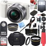 Sony Alpha a5100 HD 1080p Mirrorless Digital Camera White + 16-50mm Lens Kit + 32GB Accessory Bundle + DSLR Photo Bag + Extra Battery + Wide Angle Lens + 2x Telephoto Lens + Flash + Remote + Tripod
