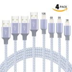 Bugattl Charger Cable Nylon Braided 4Pack 3FT 6FT 6FT 10FT USB Syncing Charging Cable Compatible Phone X 8 8 Plus 7 7 Plus 6s 6s Plus (Grey&White)