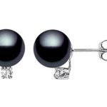 14k White Gold AAAA Quality Japanese Black Akoya Cultured Pearl Diamond Stud Earrings
