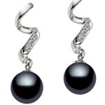 14k White Gold AAAA Quality Black Akoya Cultured Pearl Diamond Dangle Earrings