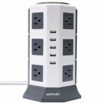 JACKYLED 40W/8A 5 USB 3000W 15A 12 Outlet Surge Protector 1500J Power Strip Tower Dual Switch Electric Charging Station Charger USB Hub With 6FT Extension Cord For Home Office Hotel-White and Grey