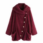 COPPEN Women Coat Button Fluffy Tail Tops Hooded Pullover Loose Sweater (Wine A, Small)