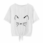 Women Teen Girls Cute Cat Print Tee Shirts Short Sleeve Causal Blouse Tops Fashion (White 1, XL)