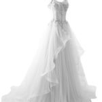 Maricopyjam Women’s Applique Sweetheart Sheer Waist Fishbone Symmetrical Peplum Long Prom Dress (US16, White)