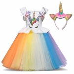 TTYAOVO Girl Unicorn Costume Flower Girls Pageant Princess Party Dress with Headband 2-3 Years White&Orange