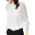 WM&MW New Women Blouse Chiffon Elegant Loose Ruffles Stand Neck Long Sleeve Office Shirt Tops (White, S)