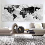 Original by BoxColors XLARGE 30″x 70″ 5 Panels 30″x14″ Ea Art Canvas Print Watercolor Map World Countries Cities Push Pin Travel Wall color Black White Gray decor Home interior (framed 1.5″ depth)
