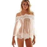 Sexy Nightwear Plus Size Lingerie Set Sexy Ladies Plus Size Solid Off Shoulder Halter Lace Sheer Babydoll Chemise Underwear Teddy White
