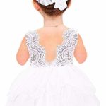 2Bunnies Girl Beaded Peony Lace Back A-Line Tiered Tutu Tulle Flower Girl Dress (White Short Sleeveless, 5)