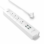 TROND Wall Mountable 4-Outlet Power Strip with 4 USB Ports, 6.6ft Long Cord, Angled Flat Wall Plug, for Desk, Nightstand, End Table, Dresser, Workbench – White