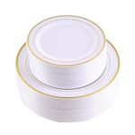 102 Pieces Gold Plastic Plates, White Party Plates, Premium Heavyweight Disposable Wedding Plates Includes: 51 Dinner Plates 10.25 Inch and 51 Salad / Dessert Plates 7.5 Inch