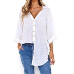COPPEN Women Blouse Loose Button Long Shirt Dress Cotton Summer Tops T-Shirt White
