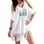 Keepfit Womens Tassel Letters Print Swimwear, Casual Bikini Cover-UPS Beach Dress Hot Sale (XL, White)
