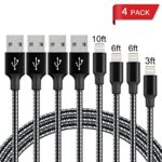 QWG Direct Charger Cable USB Syncing Fast Charger Cable Nylon Braided 4Pack 3FT 6FT 6FT 10FT Compatible Phone Charger 6s 6s Plus 7 7 Plus 8 8Plus X Black&White