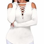 Defal Women’s Sexy V-Neck Cold Shoulder Long Sleeve Blouse Shirt Slim Lace-Up Ribbed Stretchy T-Shirt Top (S, X White)
