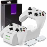 Fosmon Xbox One/One X/One S Controller Charger, [Dual Slot] High Speed Docking/Charging Station with 2 x 1000mAh Rechargeable Battery Packs (Standard Compatible) – White