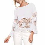 HIRIRI Women Round Neck Blouse Elegant Sexy Flare Sleeve Hollow Out Ladies Shirt Beautiful Pattern Tank Tops White
